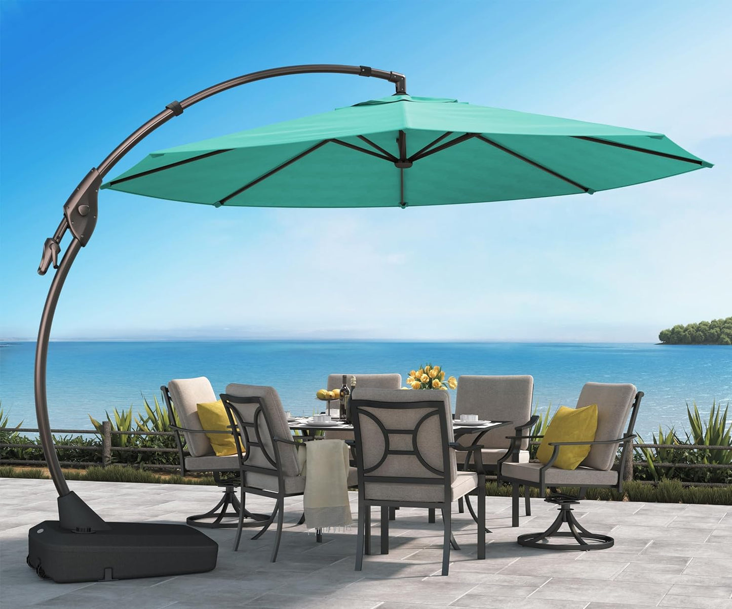 12 FT Sunbrella Cantilever Umbrella with Base Outdoor Aluminum Offset Umbrella round Shade with Tilt Adjustment (Flax, 12 FT-SUNBRELLA)