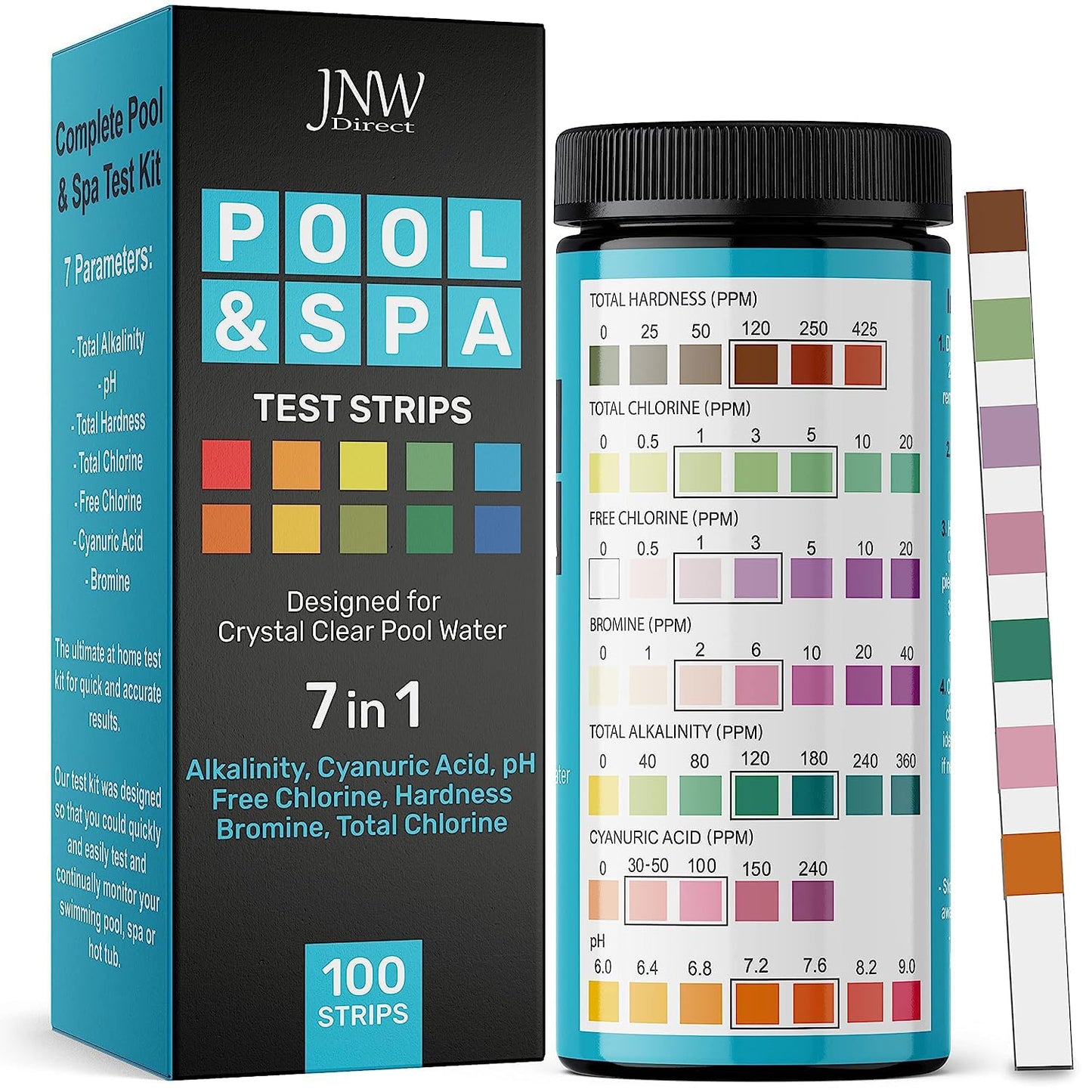 7-Way Pool Test Strips, 100 Quick & Accurate Pool and Spa Test Strips, Pool Water Test Kit - Chlorine, Bromine, Ph, Hardness, Alkalinity, Pool Water Tests, Spa and Hot Tub Test Strips with Ebook - JNW
