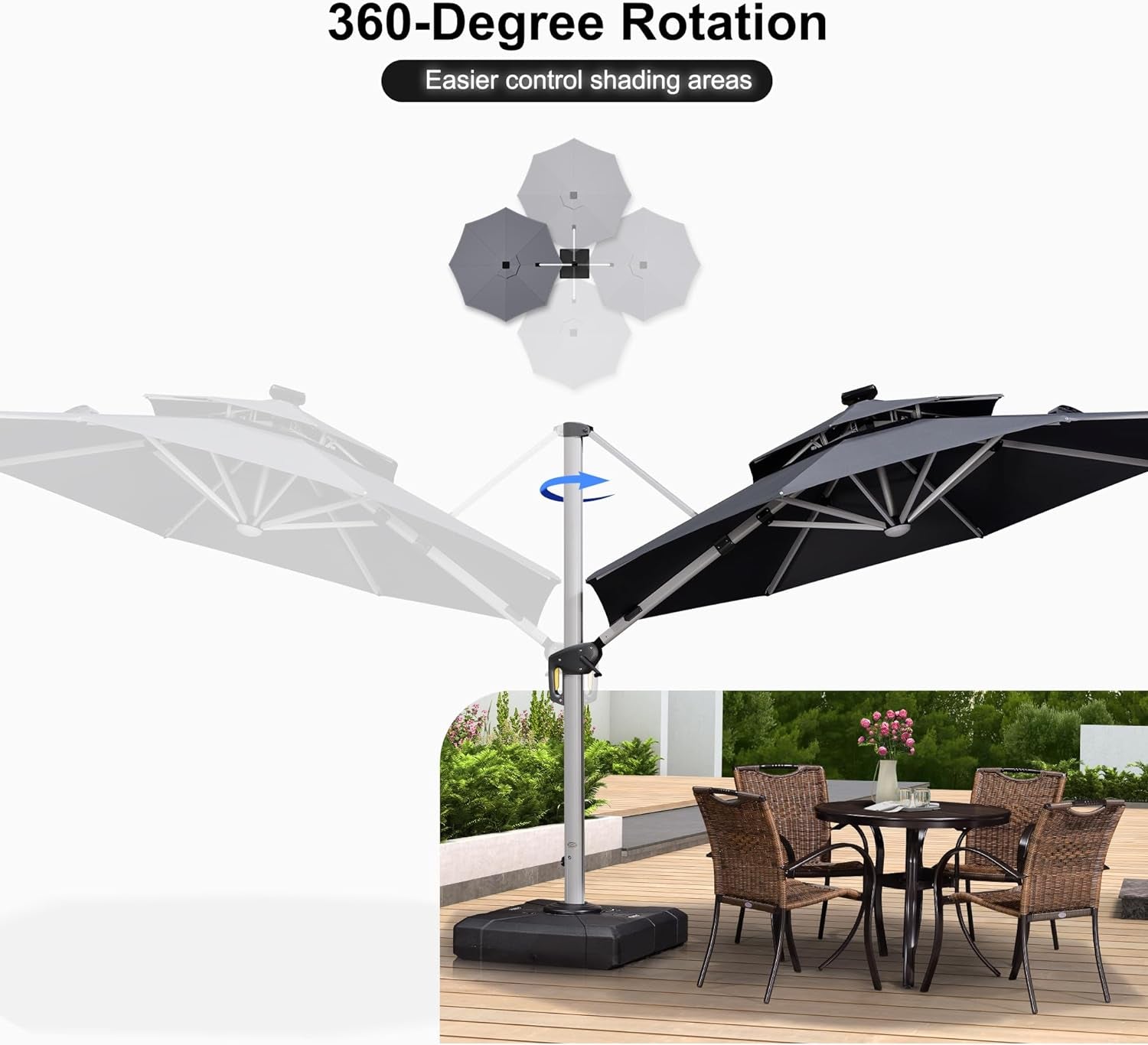 10Ft Solar Powered LED Patio Umbrella Outdoor round Umbrella Large Cantilever Umbrella with LED Lights Windproof Offset Umbrella Heavy Duty Sun Umbrella for Garden Deck Pool Patio, Grey