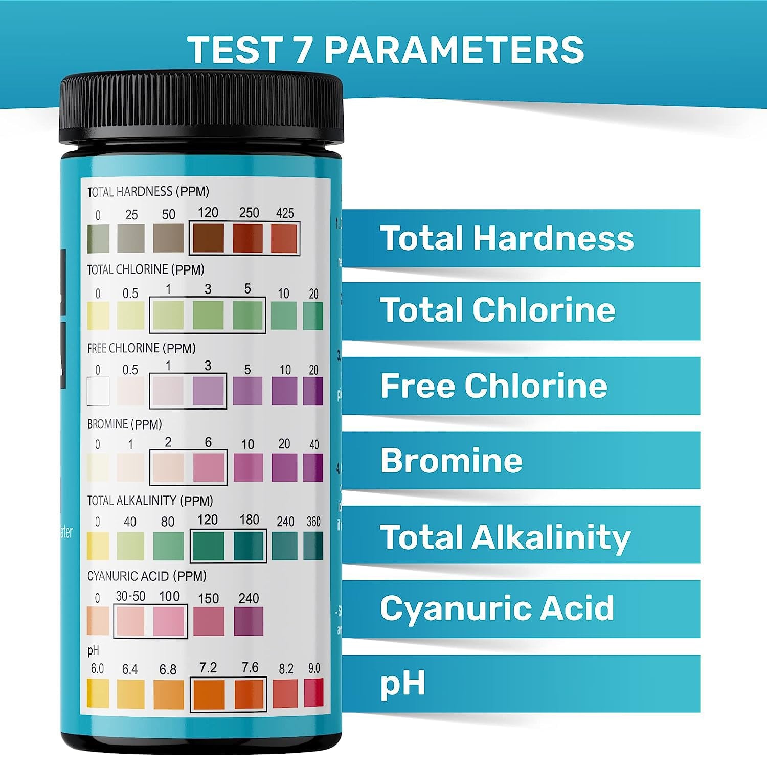 7-Way Pool Test Strips, 100 Quick & Accurate Pool and Spa Test Strips, Pool Water Test Kit - Chlorine, Bromine, Ph, Hardness, Alkalinity, Pool Water Tests, Spa and Hot Tub Test Strips with Ebook - JNW