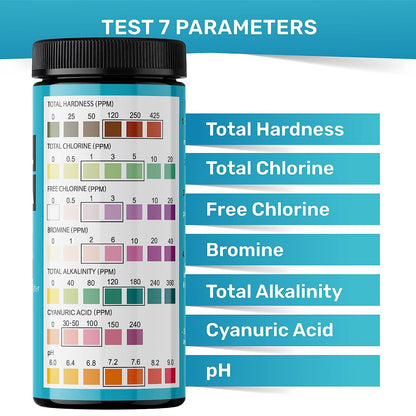 7-Way Pool Test Strips, 100 Quick & Accurate Pool and Spa Test Strips, Pool Water Test Kit - Chlorine, Bromine, Ph, Hardness, Alkalinity, Pool Water Tests, Spa and Hot Tub Test Strips with Ebook - JNW