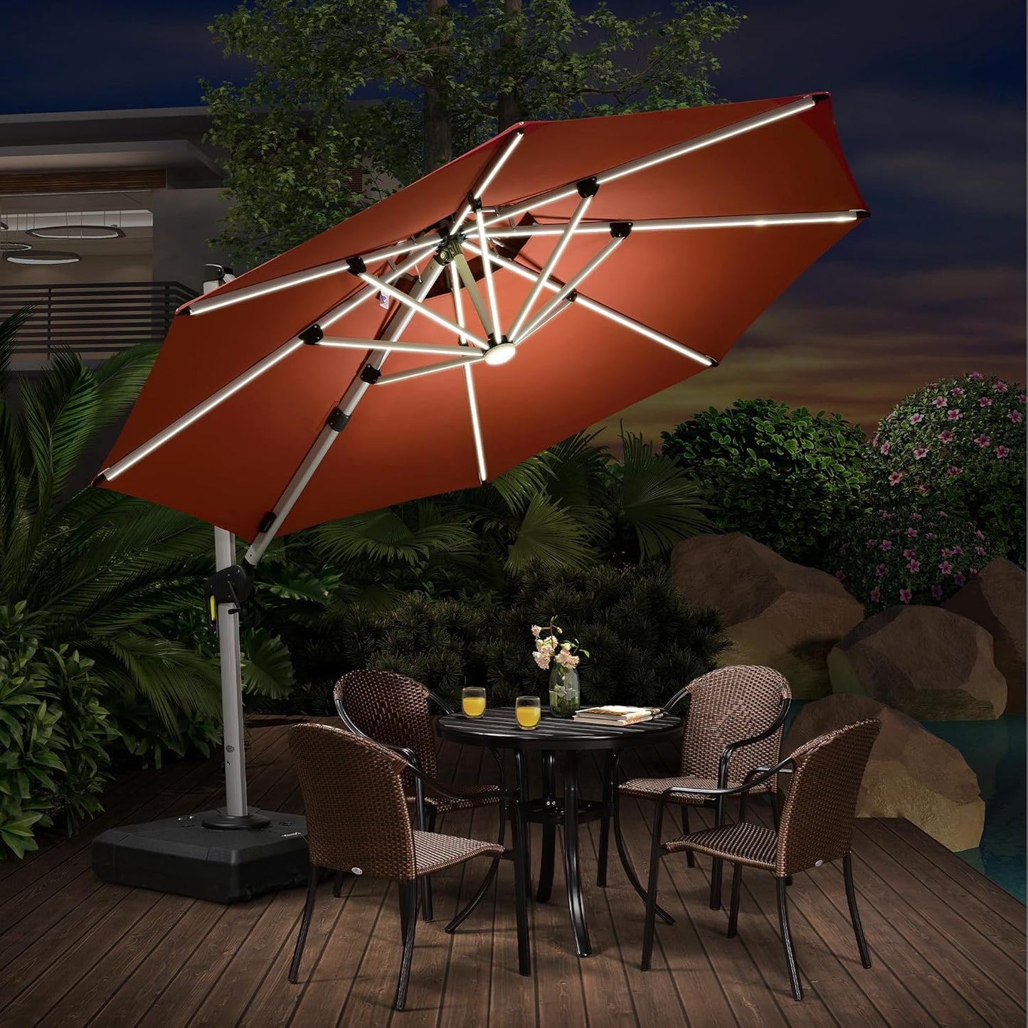 10Ft Solar Powered LED Patio Umbrella Outdoor round Umbrella Large Cantilever Umbrella with LED Lights Windproof Offset Umbrella Heavy Duty Sun Umbrella for Garden Deck Pool Patio, Grey