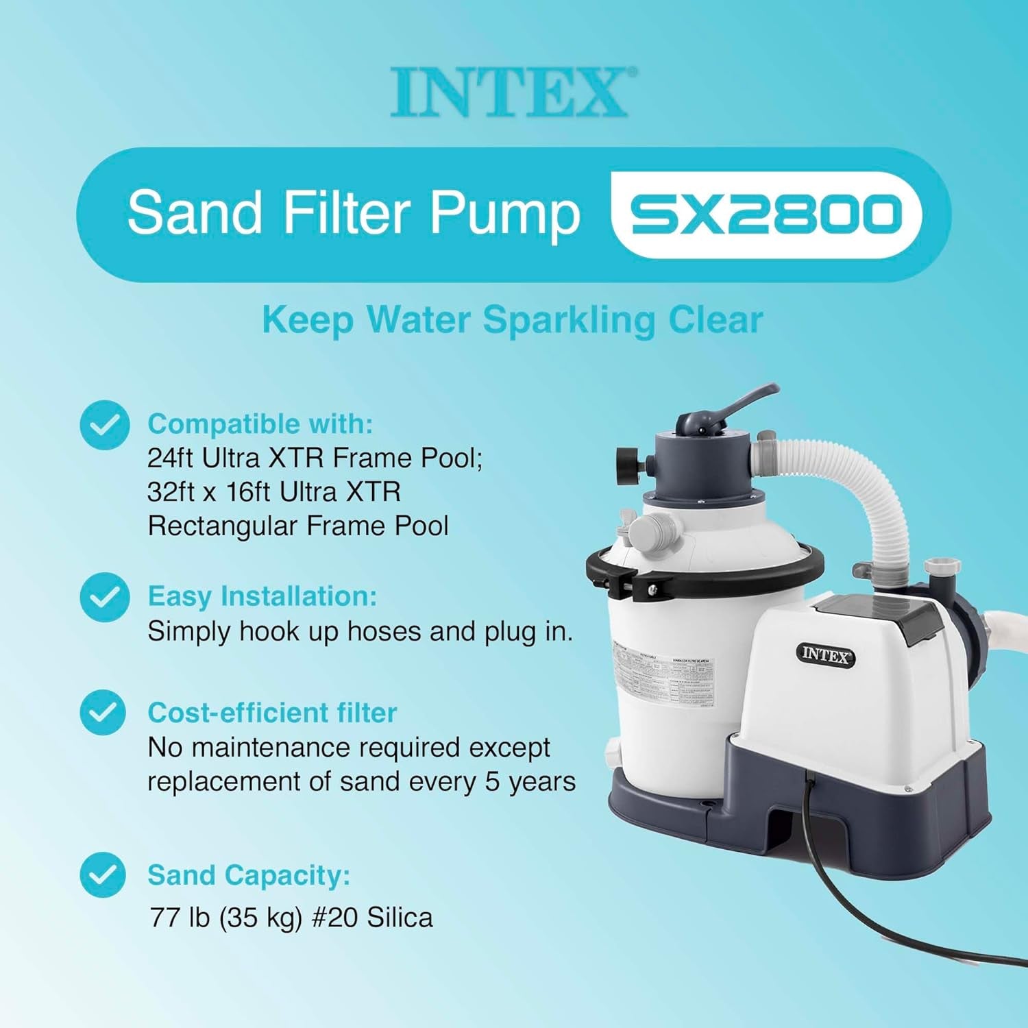SX2800 Krystal Clear Sand Filter Pump for above Ground Pools: 2800 GPH Pump Flow Rate – Improved Circulation and Filtration – Easy Installation – Improved Water Clarity – Easy-To-Clean