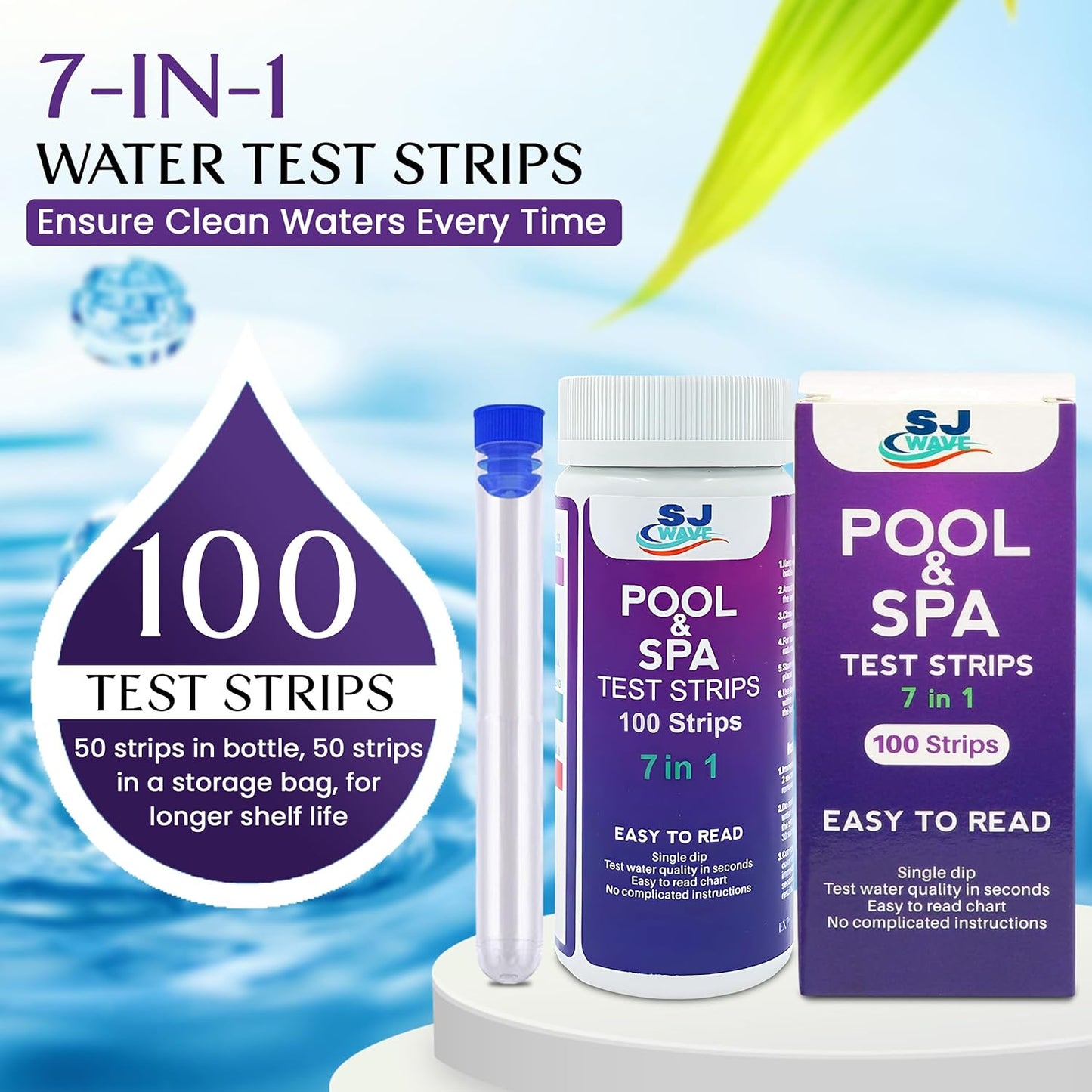 7 in 1 Pool & Spa Test Strips | Pool Water Testing Kit Hot Tub Test Strips Detects Ph, Chlorine, Bromine, Hardness, Alkalinity, Cyanuric Acid | Spa Test Strips for Hot Tub |100 Pool Testing Strips