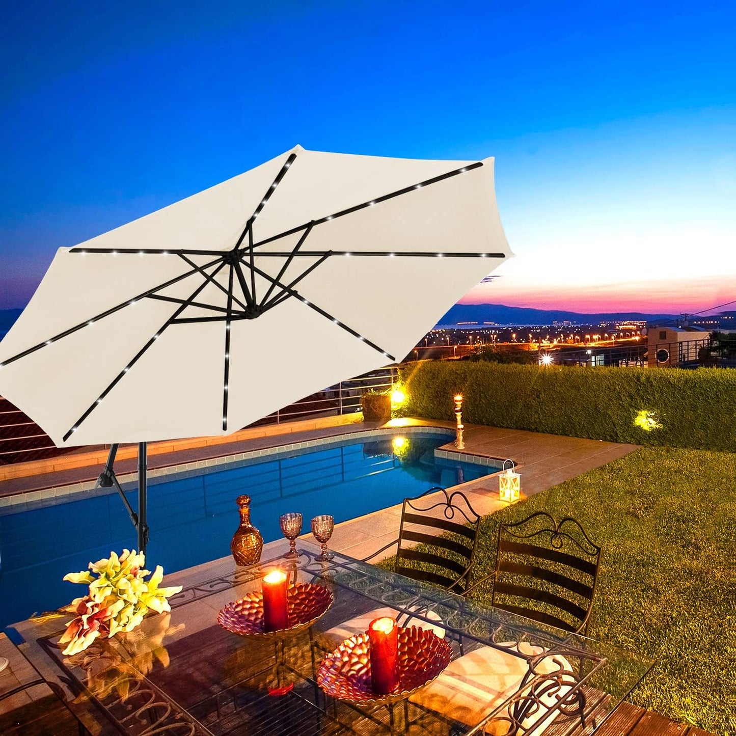 10Ft Solar LED Offset Patio Umbrella,8 Ribs-Cantilever Hanging Umbrellas,Polyester Shade with Crank & Cross Bases,32 LED Lights Umbrella-Beige