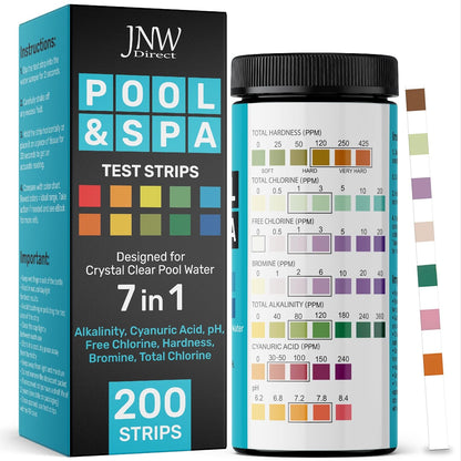 7-Way Pool Test Strips, 100 Quick & Accurate Pool and Spa Test Strips, Pool Water Test Kit - Chlorine, Bromine, Ph, Hardness, Alkalinity, Pool Water Tests, Spa and Hot Tub Test Strips with Ebook - JNW