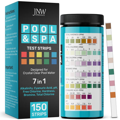 7-Way Pool Test Strips, 100 Quick & Accurate Pool and Spa Test Strips, Pool Water Test Kit - Chlorine, Bromine, Ph, Hardness, Alkalinity, Pool Water Tests, Spa and Hot Tub Test Strips with Ebook - JNW