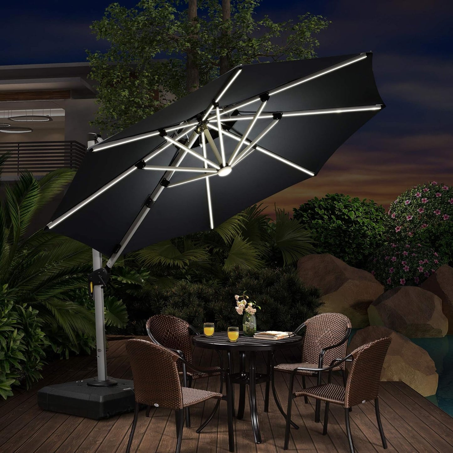 10Ft Solar Powered LED Patio Umbrella Outdoor round Umbrella Large Cantilever Umbrella with LED Lights Windproof Offset Umbrella Heavy Duty Sun Umbrella for Garden Deck Pool Patio, Grey