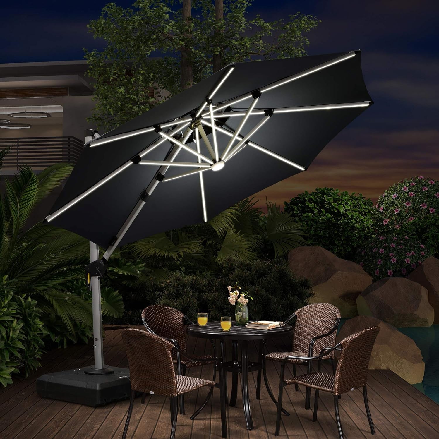 10Ft Solar Powered LED Patio Umbrella Outdoor round Umbrella Large Cantilever Umbrella with LED Lights Windproof Offset Umbrella Heavy Duty Sun Umbrella for Garden Deck Pool Patio, Grey