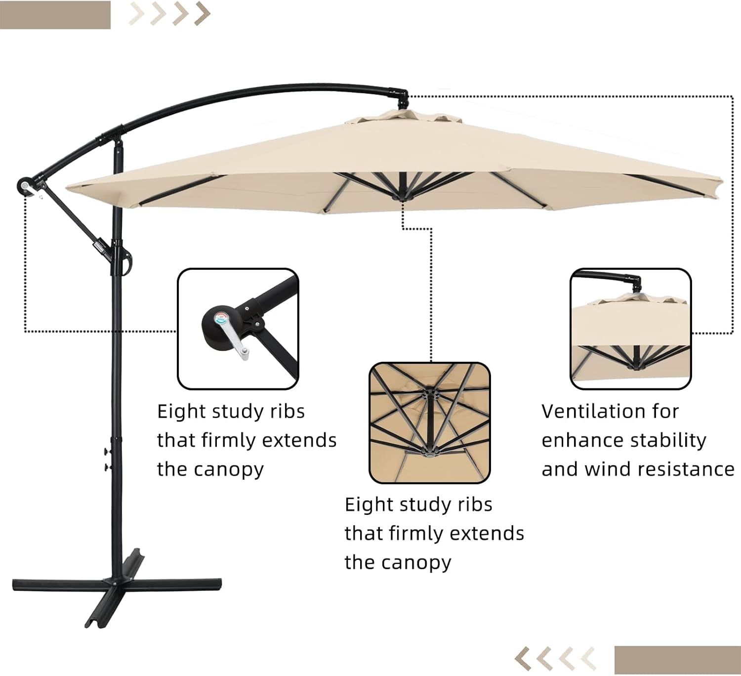 10Ft Solar LED Offset Patio Umbrella,8 Ribs-Cantilever Hanging Umbrellas,Polyester Shade with Crank & Cross Bases,32 LED Lights Umbrella-Beige