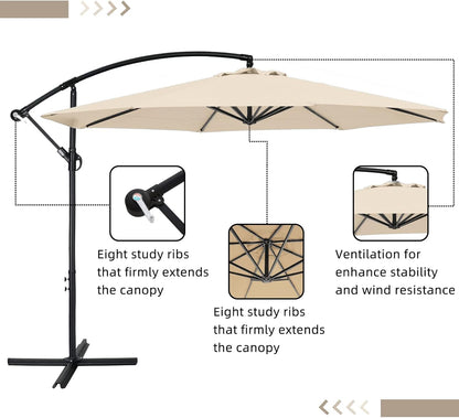 10Ft Solar LED Offset Patio Umbrella,8 Ribs-Cantilever Hanging Umbrellas,Polyester Shade with Crank & Cross Bases,32 LED Lights Umbrella-Beige