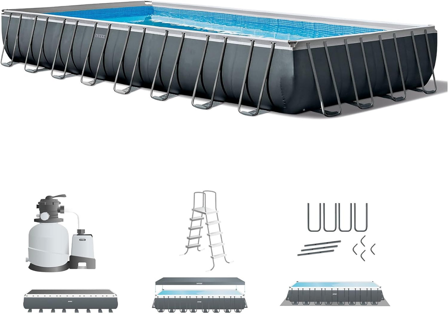 26367EH Ultra XTR Deluxe Rectangular above Ground Swimming Pool Set: 24Ft X 12Ft X 52In – Includes 2100 GPH Sand Filter Pump – Saltwater System – Supertough Puncture Resistant