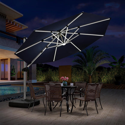 10Ft Solar Powered LED Patio Umbrella Outdoor round Umbrella Large Cantilever Umbrella with LED Lights Windproof Offset Umbrella Heavy Duty Sun Umbrella for Garden Deck Pool Patio, Grey