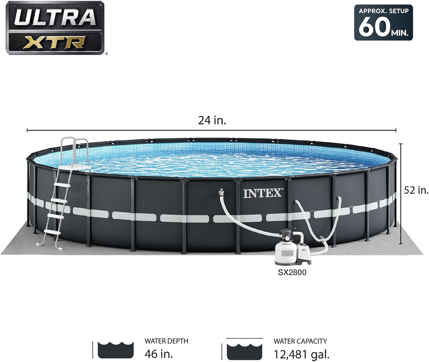 26339EH Ultra XTR Deluxe above Ground Swimming Pool Set: 24Ft X 52In – Includes 2800 GPH Cartridge Sand Filter Pump – Supertough Puncture Resistant – Rust Resistant – Easy to Assemble