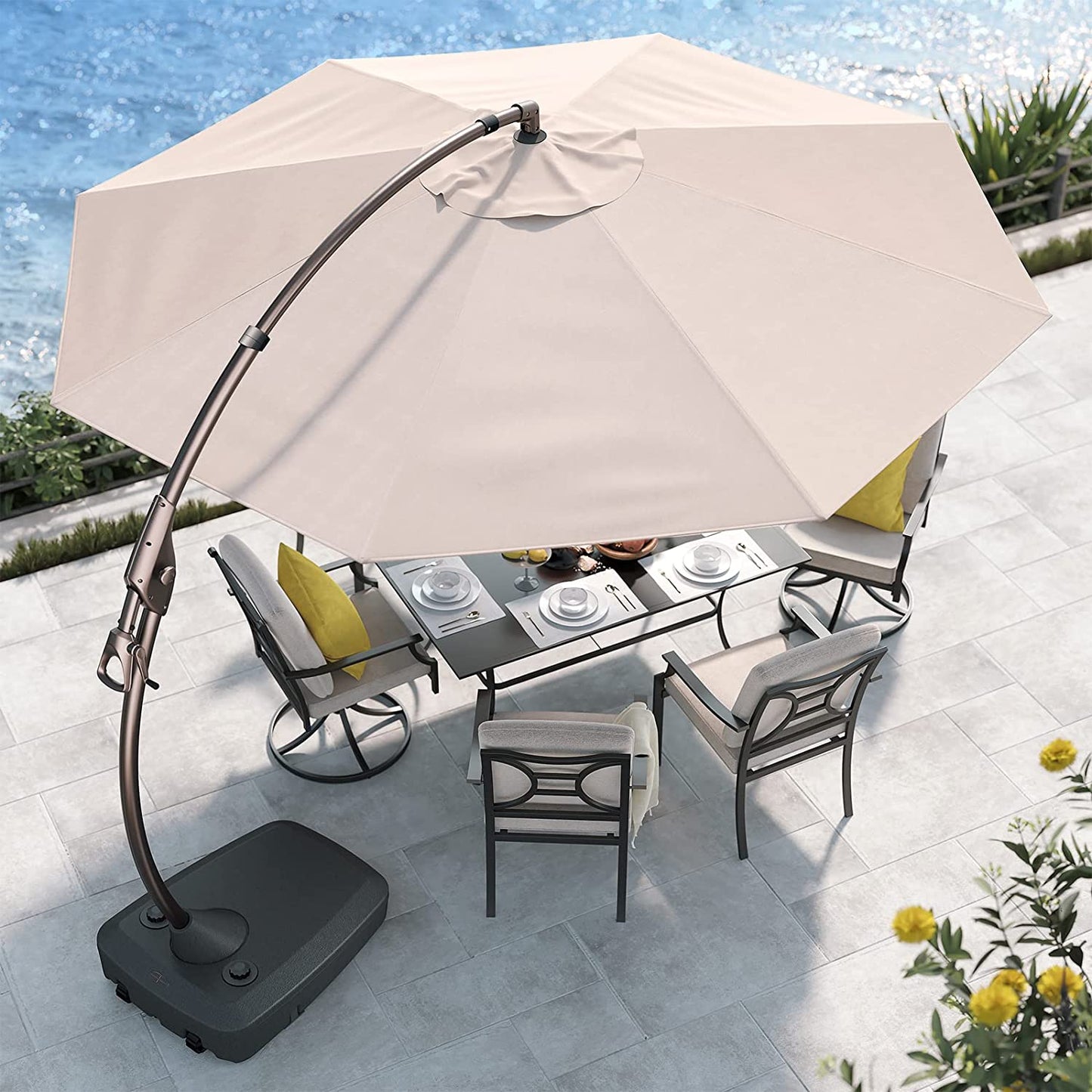 12 FT Sunbrella Cantilever Umbrella with Base Outdoor Aluminum Offset Umbrella round Shade with Tilt Adjustment (Flax, 12 FT-SUNBRELLA)