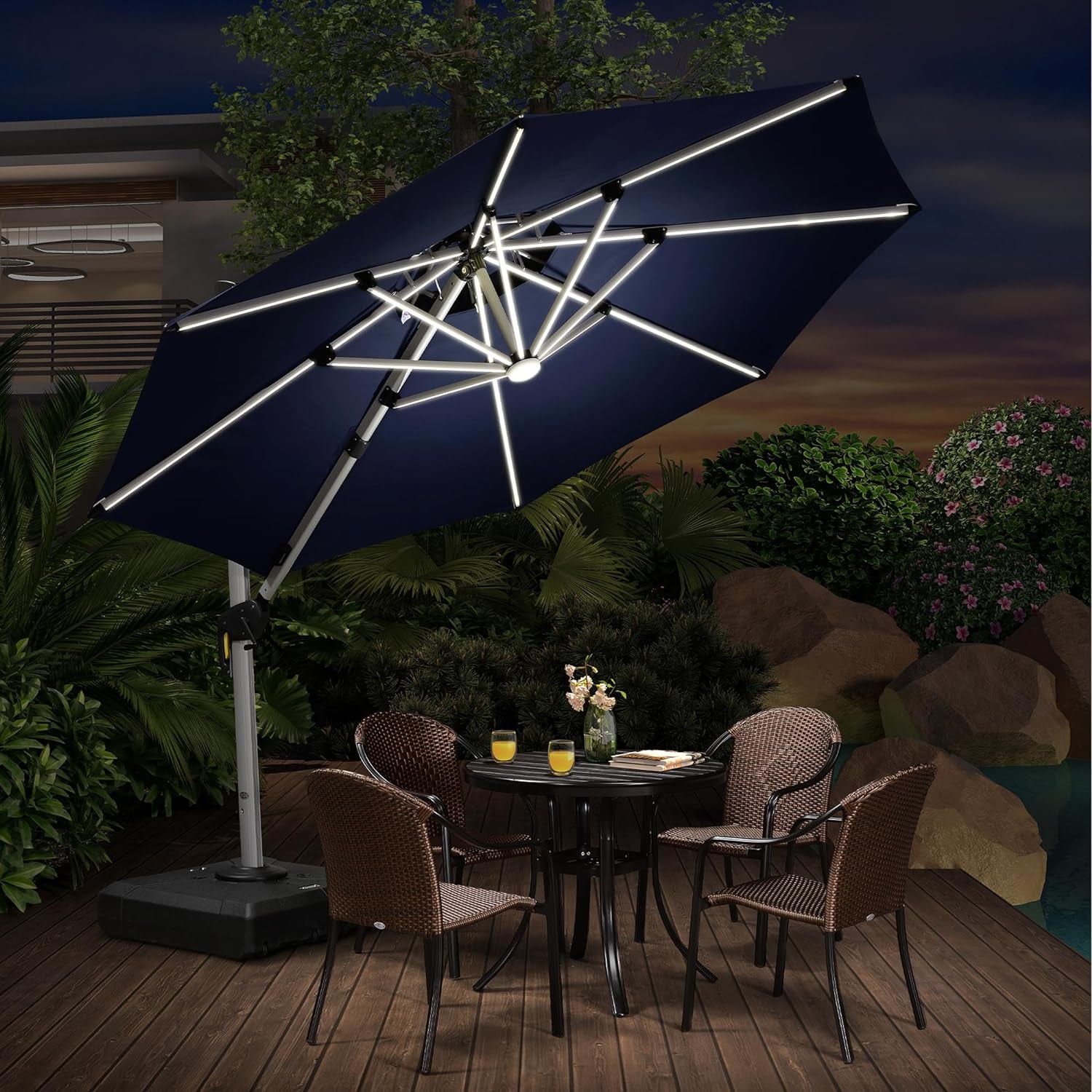 large windproof patio umbrellas 10Ft Solar Powered LED Patio Umbrella Outdoor round Umbrella Large Can – SpaChemGuy
