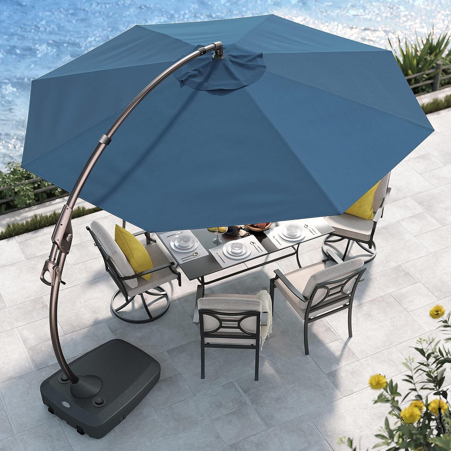 12 FT Sunbrella Cantilever Umbrella with Base Outdoor Aluminum Offset Umbrella round Shade with Tilt Adjustment (Flax, 12 FT-SUNBRELLA)