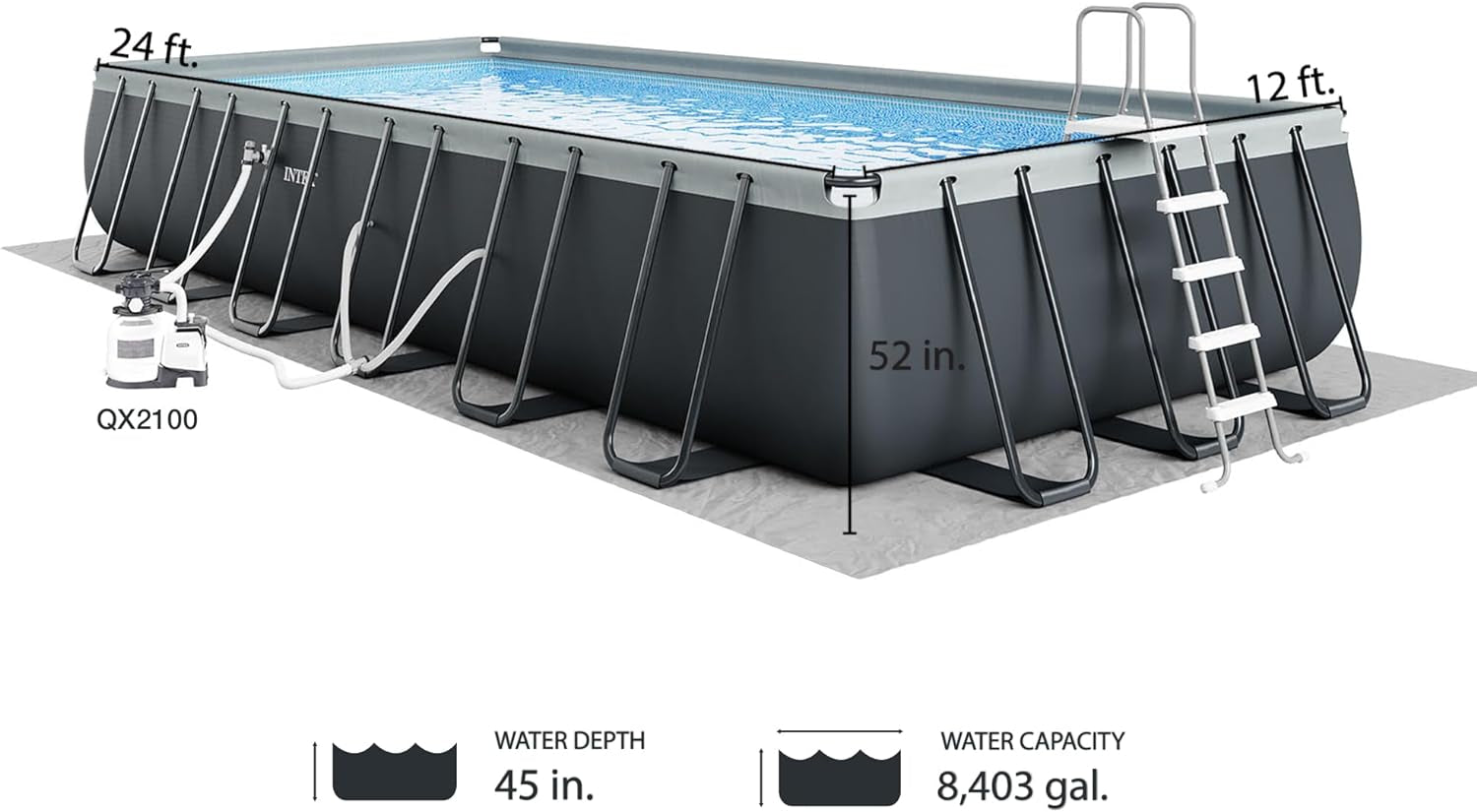 26367EH Ultra XTR Deluxe Rectangular above Ground Swimming Pool Set: 24Ft X 12Ft X 52In – Includes 2100 GPH Sand Filter Pump – Saltwater System – Supertough Puncture Resistant