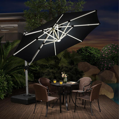 10Ft Solar Powered LED Patio Umbrella Outdoor round Umbrella Large Cantilever Umbrella with LED Lights Windproof Offset Umbrella Heavy Duty Sun Umbrella for Garden Deck Pool Patio, Grey