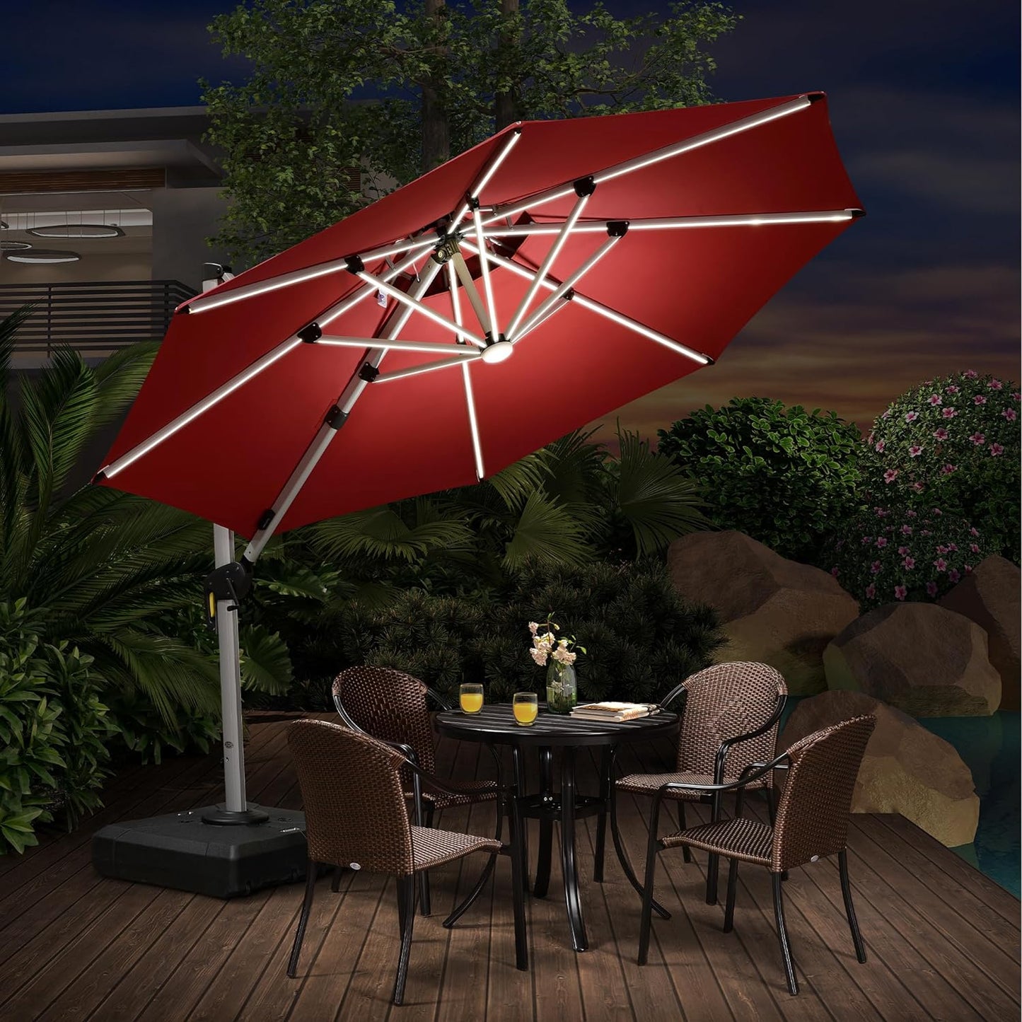 10Ft Solar Powered LED Patio Umbrella Outdoor round Umbrella Large Cantilever Umbrella with LED Lights Windproof Offset Umbrella Heavy Duty Sun Umbrella for Garden Deck Pool Patio, Grey