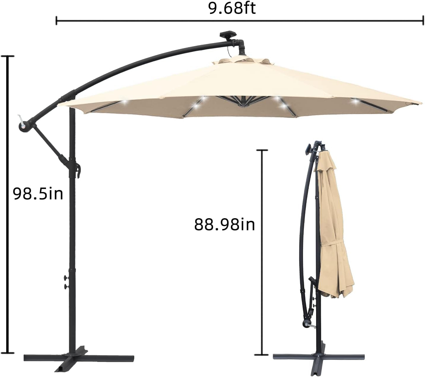 10Ft Solar LED Offset Patio Umbrella,8 Ribs-Cantilever Hanging Umbrellas,Polyester Shade with Crank & Cross Bases,32 LED Lights Umbrella-Beige