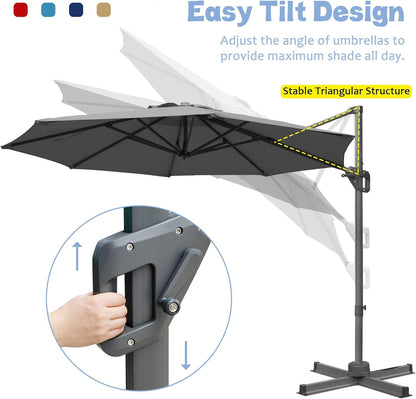 10Ft Offset Umbrella, Hanging Patio Umbrella with 360¡Ã Rotation, Outdoor Cantilever Umbrella, outside Market Umbrella with Easy Tilt for Garden, Backyard, Patio, Pool