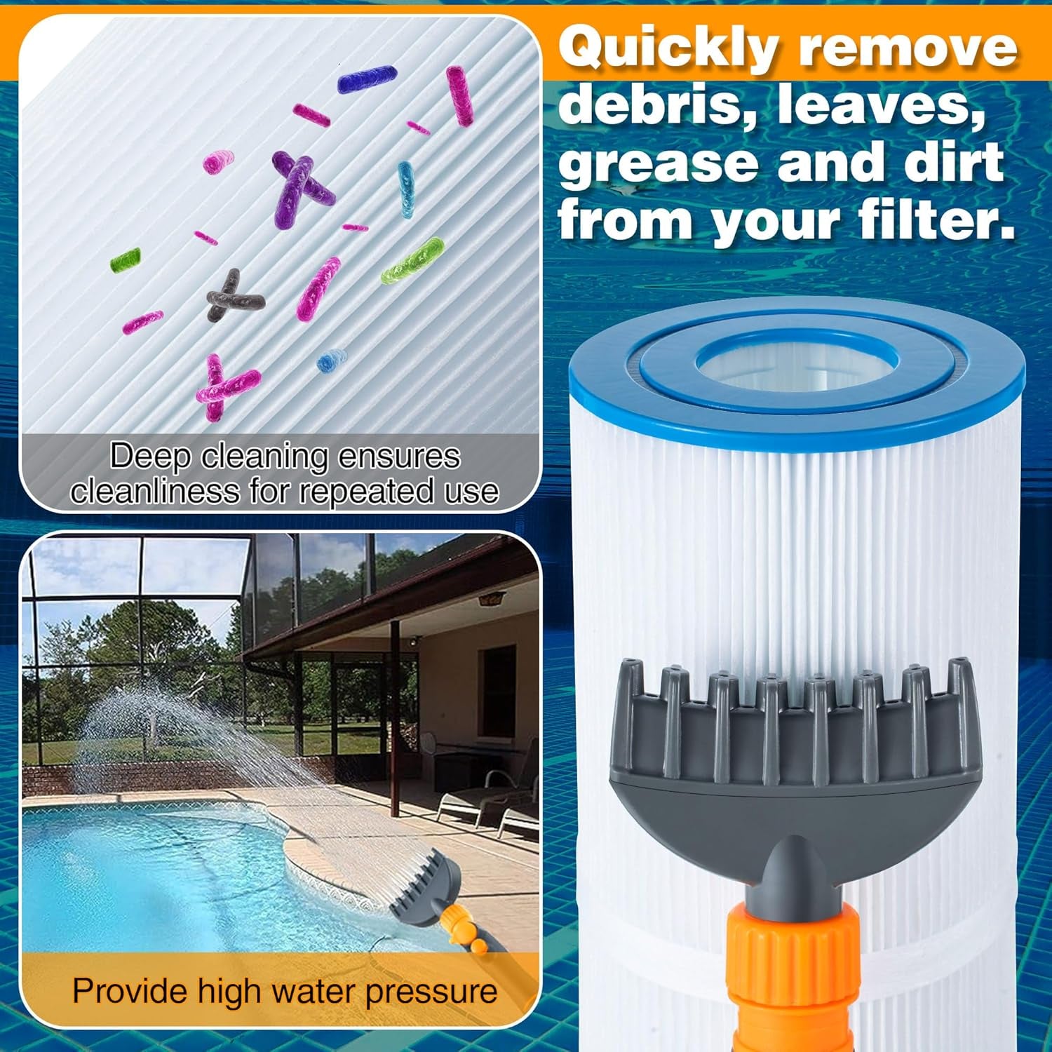 Pool and Spa Filter Cartridge Cleaner, Quickly Removes Filter Dirt and Debris, Pool Cartridge Filter Cleaner with 15 Powerful Water Nozzles for Swimming Pool, Spa and Hot Tub Filter Cartridge