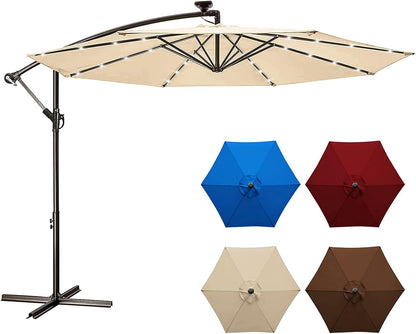 10Ft Solar LED Offset Patio Umbrella,8 Ribs-Cantilever Hanging Umbrellas,Polyester Shade with Crank & Cross Bases,32 LED Lights Umbrella-Beige