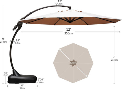 12 FT Sunbrella Cantilever Umbrella with Base Outdoor Aluminum Offset Umbrella round Shade with Tilt Adjustment (Flax, 12 FT-SUNBRELLA)